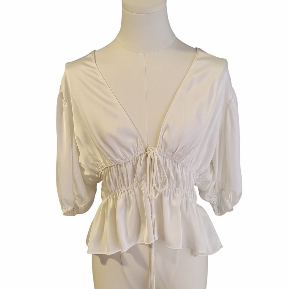 Wayf Nordstrom Crisp White Silky Cropped Tie Wrap Blouse Size Medium